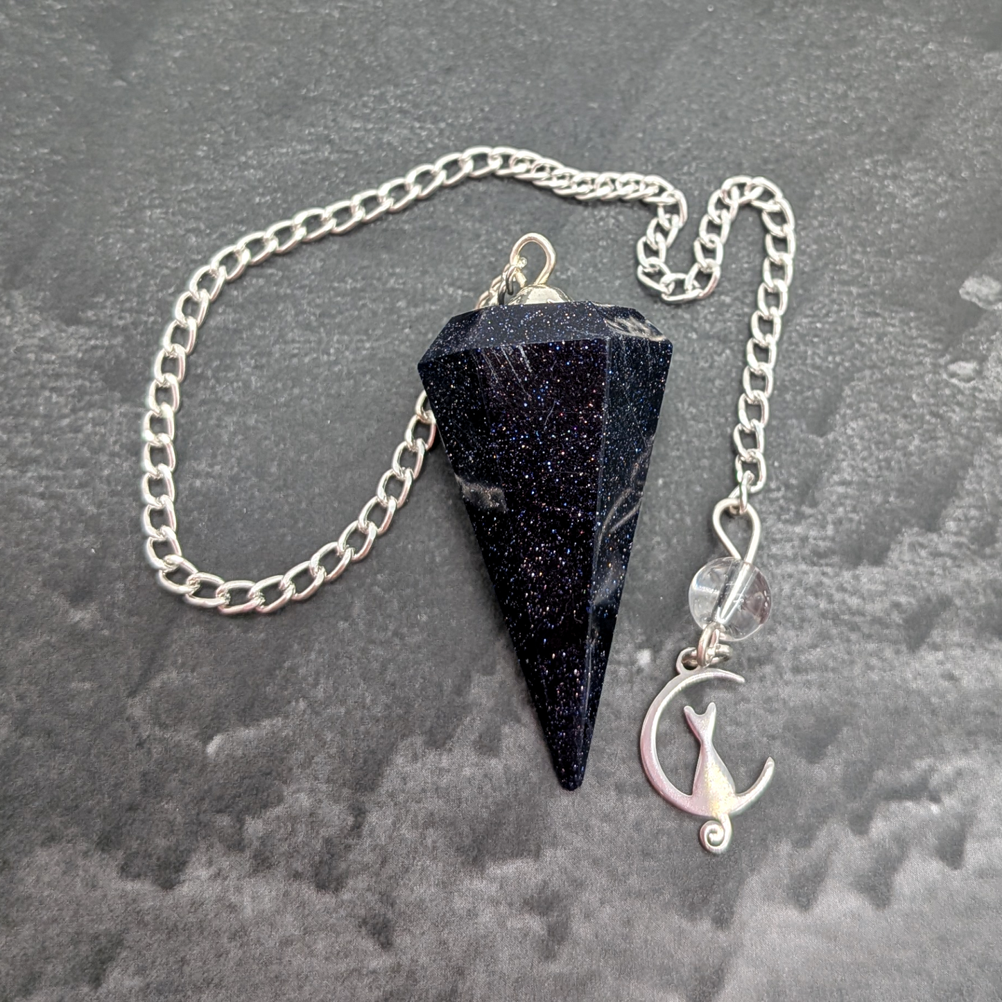 Blue Goldstone Pendulum with Cat & Moon Charm