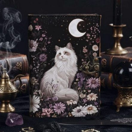 Celestial Floral Feline Printed Leather Journal