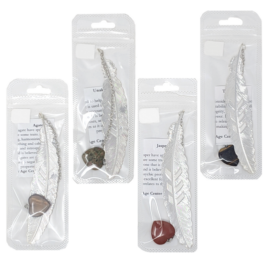Metal Feather Bookmark with Stone Heart Charm